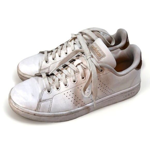 Adidas Advantage Women's Size 9 White on White Gold Heel Tab Leather Sneakers - Picture 1 of 11